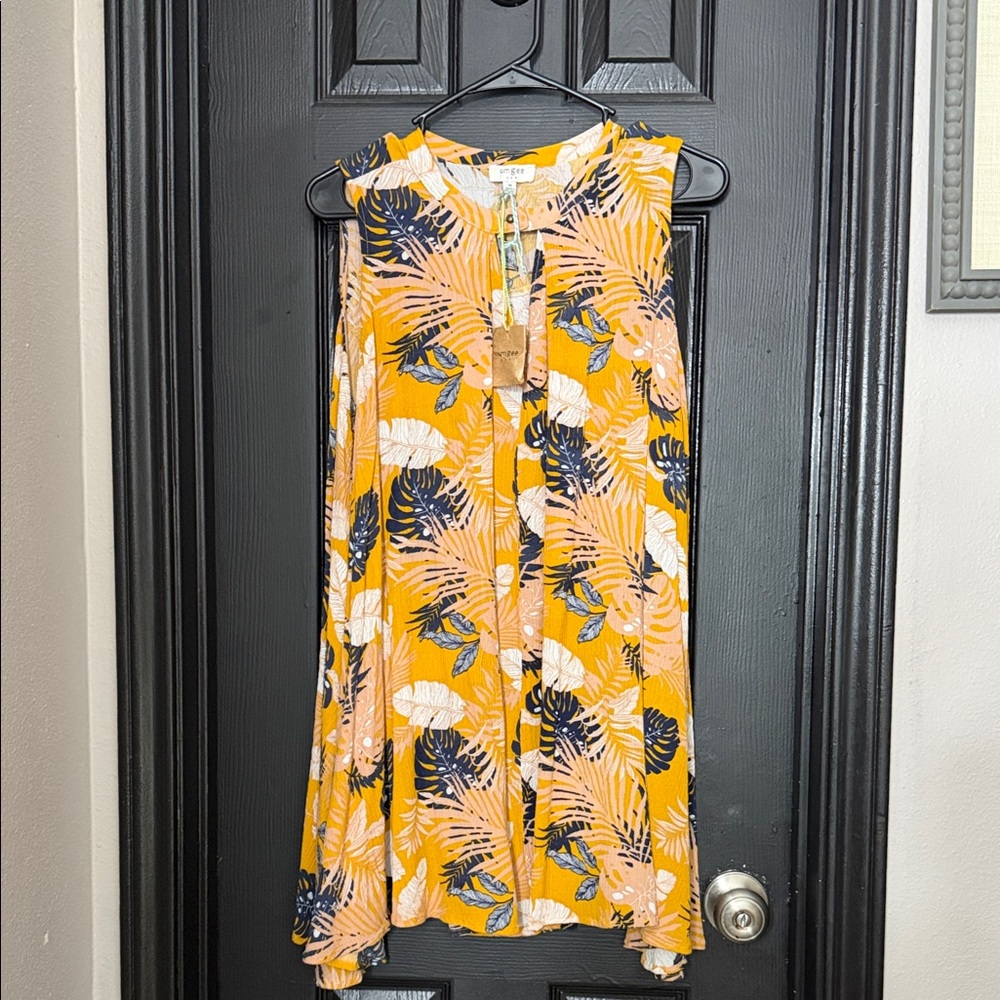 Umgee Yellow and Navy Tropical Print Dress